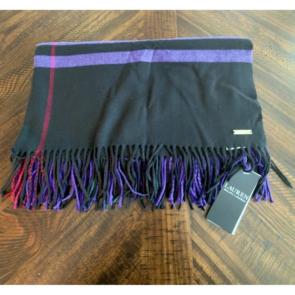 NEW Lauren Ralph Lauren Exploded Plaid Scarf Morino Wool Blend Fringe Multicolor